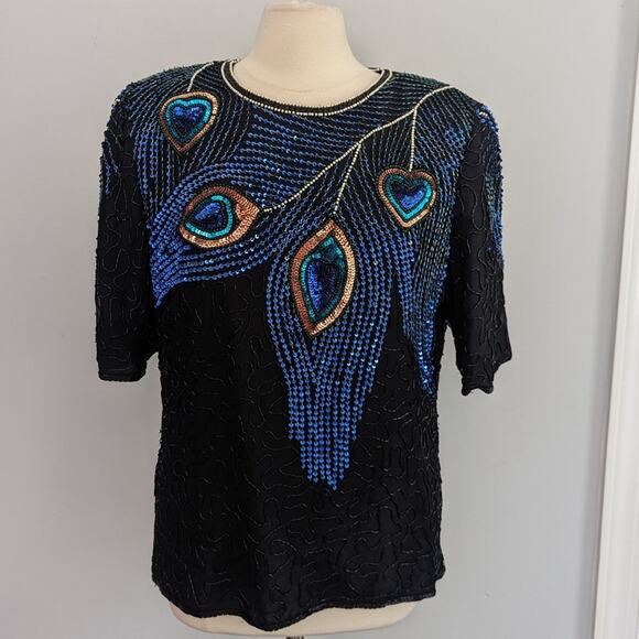 Vintage Women's Peacock 1X Elegant Black Beaded Women's Top Blouse Art to Wear - Picture 8 of 9